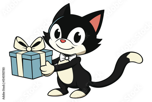Animated tuxedo cat smiles while holding a gift box decorated with ribbon and bow