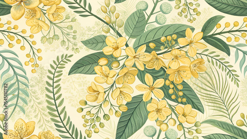 Vector illustration of seamless Cassia fistula pattern. Pastel yellow and green background.