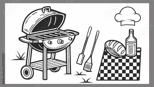 Black and white illustration of a barbecue grill with food and tools on a checkered tablecloth