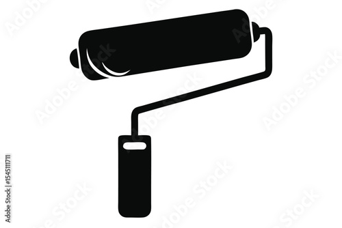 Black Silhouette Illustration of a Paint Roller with Handle for Interior Painting Projects