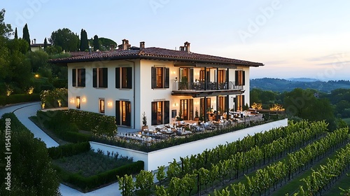 Tuscan style villa at dusk outdoor patio vineyard and rolling hills Italy