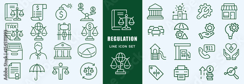 Regulation icon set. with icon auction, justice scale, balance, compliant, justice, security, stamp, protection, file protection, policy, insurance policy, law, guidelines, rules book, information