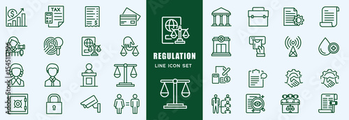 Regulation icon set. with icon auction, justice scale, balance, compliant, justice, security, stamp, protection, file protection, policy, insurance policy, law, guidelines, rules book, information
