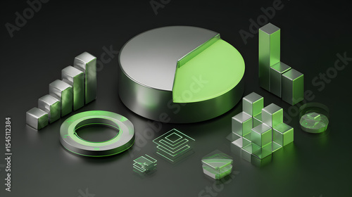 Cute isometric 3D image of 3D pie chart and bar chart in realistic metallic silver illuminated by neon green. add floating, transparent charts and circular measurement tools. ensure perfect shapes an
