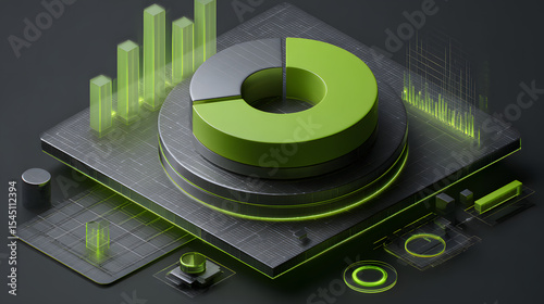 Cute isometric 3D image of 3D pie chart and bar chart in realistic metallic silver illuminated by neon green. add floating, transparent charts and circular measurement tools. ensure perfect shapes an