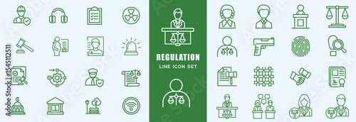 Regulation icon collection. Containing rules, authority, conduct, law, guideline, penalty, government, ethics, compliance and procedure icons. Vector illustration.