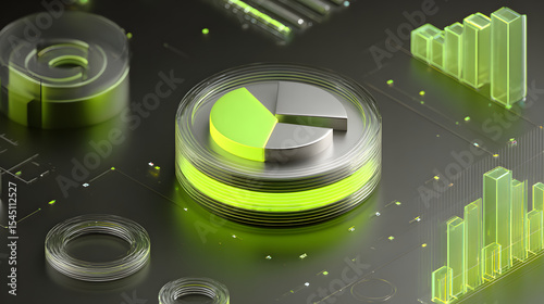 Cute isometric 3D image of 3D pie chart and bar chart in realistic metallic silver illuminated by neon green. add floating, transparent charts and circular measurement tools. ensure perfect shapes an