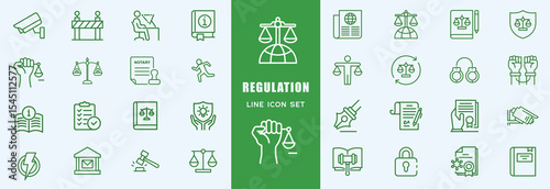 Regulation icon collection. Containing rules, authority, conduct, law, guideline, penalty, government, ethics, compliance and procedure icons. Vector illustration.