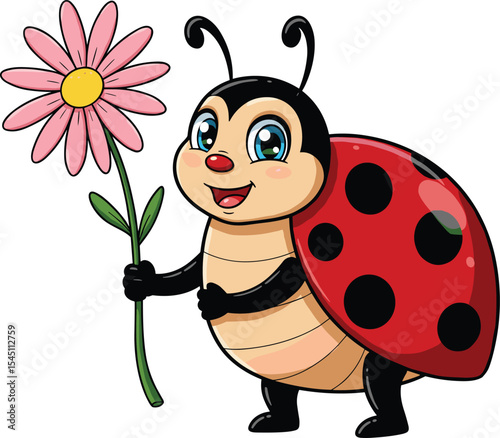 Adorable Cartoon Ladybug Holding a Flower, Nature-Inspired Illustration