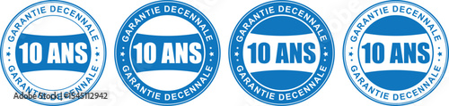 blue 10 ans garantie decennale round stamp icons with bold text in flat vector graphic style	