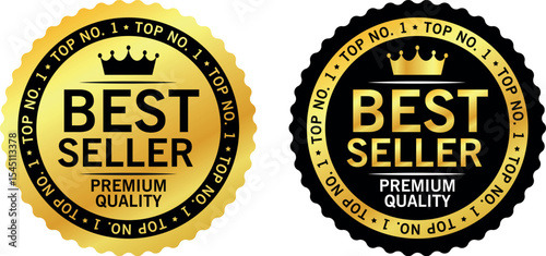 gold and black best seller premium quality badges with crown used for top ranked or featured products	