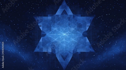 Abstract Blue Geometric Star Shape Digital Illustration with Connecting Lines and Bright Center