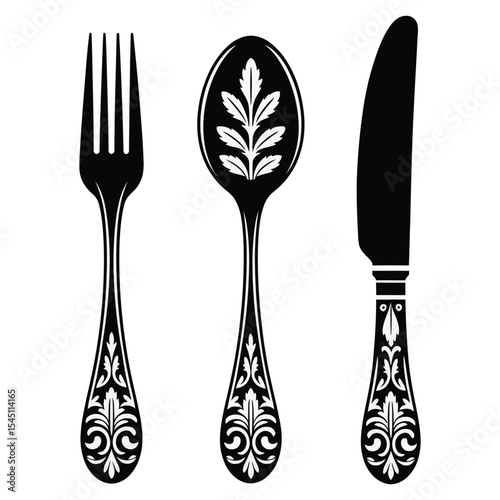 Black and White Ornate Fork Spoon Knife Set Elegant Floral Design Cutlery Illustration