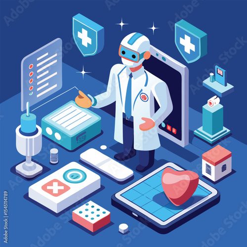 Isometric doctor with medical technology isolated on white background