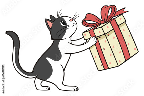 Adorable bicolor cartoon cat carefully handles a gift box with a red ribbon