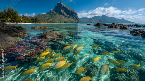Fototapeta Naklejka Na Ścianę i Meble -  Tropical fish swimming on coral reef in the tropical lagoon, Le Morne Brabant, Black River district, Mauritius, Indian Ocean, Africa