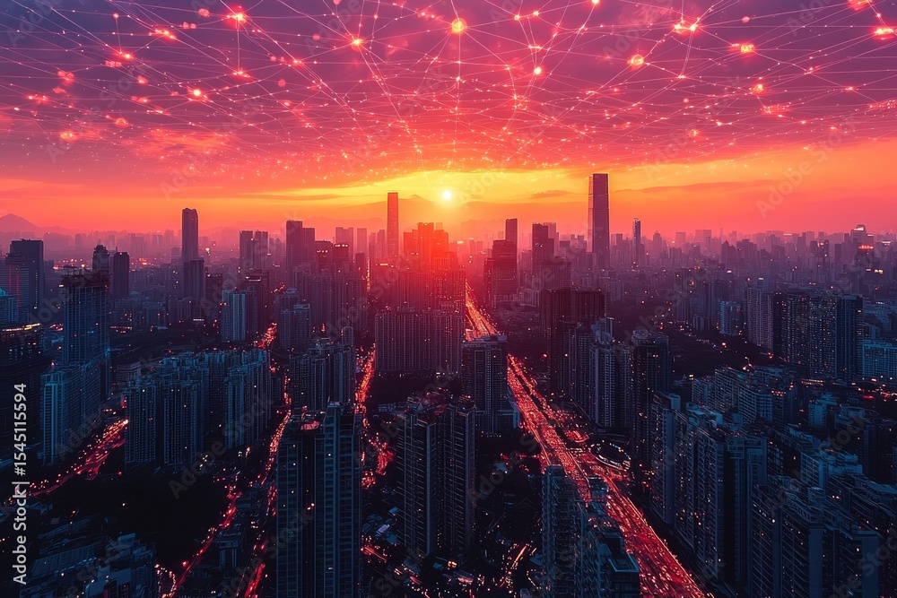 Fototapeta premium Red And Orange City Skyline At Sunset With Sparkling Lights