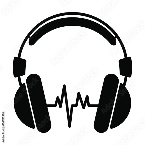 Black Headphones Icon with Audio Waveform Music Symbol sound