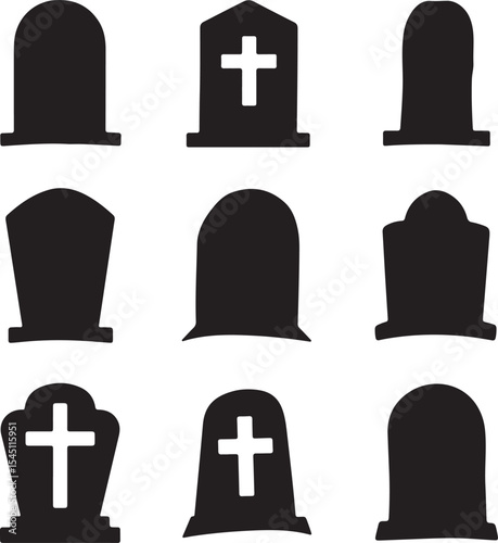 Set of Tombstone silhouettes for Halloween Design, gravestone, headstone icon set, collection of different gravestones silhouette vector illustration