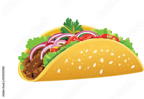 Classic Ground Meat Taco with Red Onions - Vector Illustration