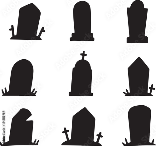 Set of Tombstone silhouettes for Halloween Design, gravestone, headstone icon set, collection of different gravestones silhouette vector illustration