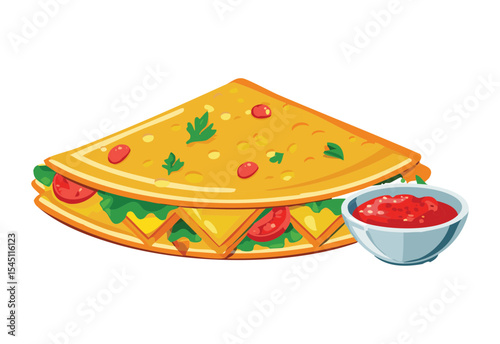 Golden Cheese Quesadilla with Salsa - Vector Illustration