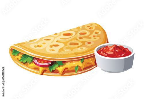 Golden Quesadilla with Dipping Sauce - Vector Illustration