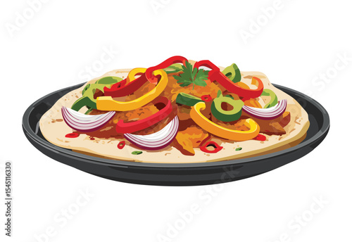 Sizzling Fajita Plate with Fresh Vegetables - Vector Illustration