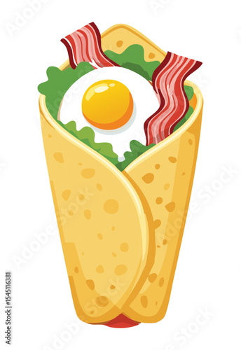 Fresh Breakfast Burrito with Bacon Leaf - Vector Illustration