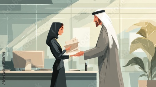 Businesswoman in Formal Suit Handing Documents to Middle Eastern Man in Traditional Attire in Modern Office