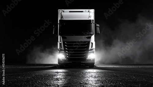 A powerful white truck stands out against a dark, smoky background, showcasing its sleek design and headlights illuminating the scene