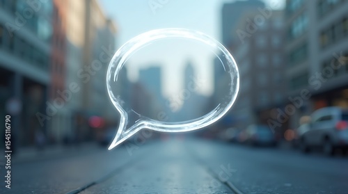 A modern vector emblem presents a translucent thought bubble, rendered with realistic light effects and subtle distortions, floating over a blurred cityscape.