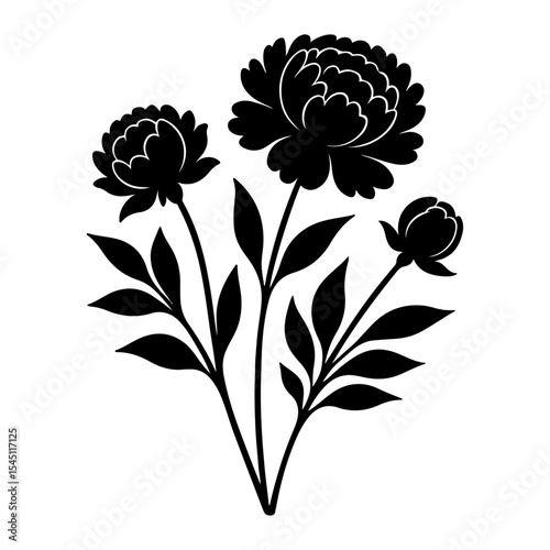 Black and White Floral Vector – Peony Bloom Silhouette Art.