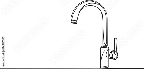 continuous line drawing of a modern kitchen faucet with curved spout and side handle