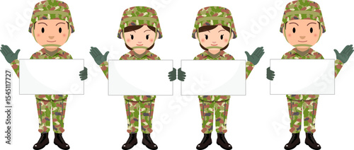 自衛隊　プラカードを持つ男性と女性自衛官のイラスト