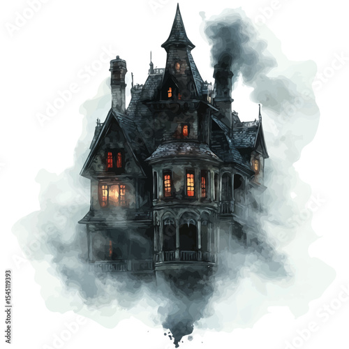 Haunted House Shrouded Fog, watercolor painting vector, isolated on a white background.
