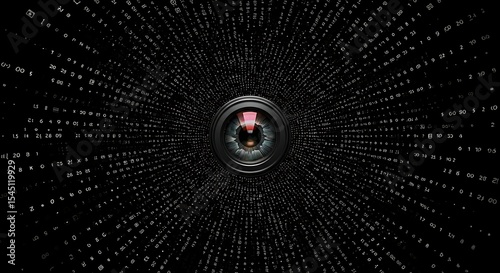 Camera eye surrounded by floating personal data elements, conceptual image of surveillance, digital control, and loss of privacy, abstract visual metaphor for monitoring, tracking and data exposure