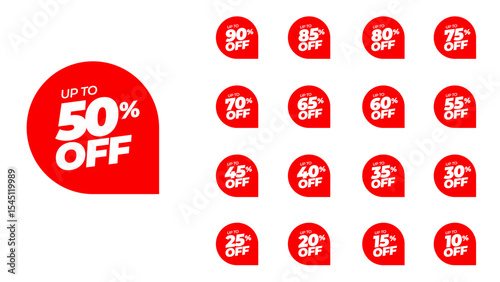 Rounded sticker set, promo badge round shape. Special offer discount on red tags with different value percent off 90, 85, 80, 75, 70, 65, 60, 55, 50, 45, 40, 35, 30, 25, 20, 15, and 10% price reductio