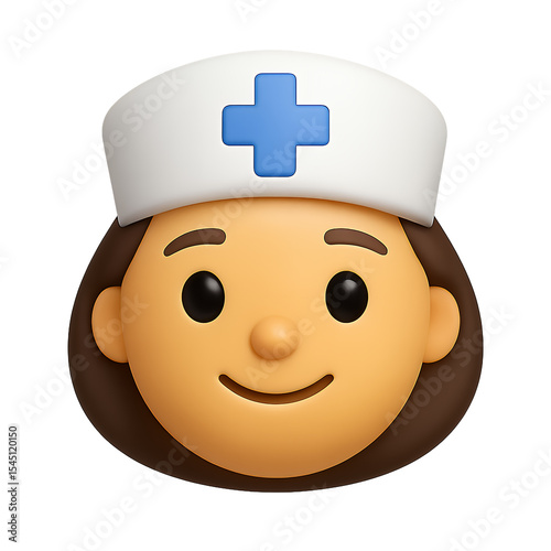 3D nurse emoji-style round face icon with nurse cap, simple and friendly character design