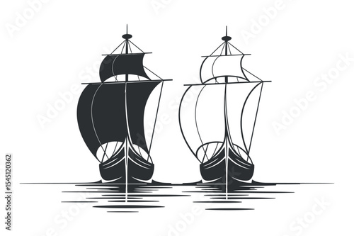 Two Vintage Viking Longships Silhouetted on Water