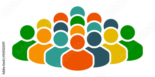 Colorful diverse crowd of abstract people icons symbolizing community, diversity, teamwork, unity, and social network. Multicolored group illustration