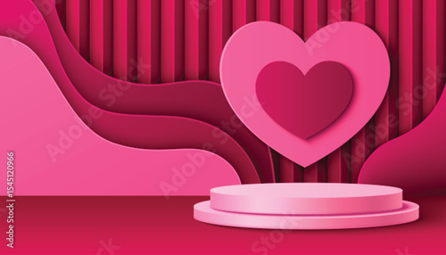 Pink podium with wave layers and heart shape