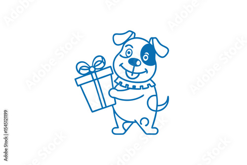 An adorable spotty cartoon dog gleefully holds a blue gift box outline tightly