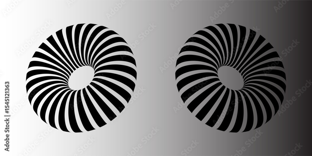 3D striped torus shape in perspective. Donut figure in three dimensional space with black and white lines. Circular object with hole in center isolated on white background. Vector graphic illustration