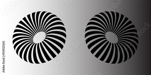 3D striped torus shape in perspective. Donut figure in three dimensional space with black and white lines. Circular object with hole in center isolated on white background. Vector graphic illustration