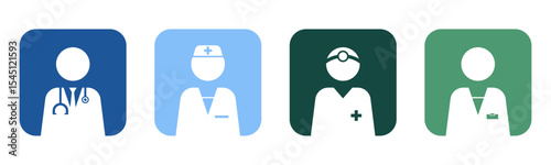 Doctor, Nurse, Surgeon and Pharmacist icon set illustration vector. Doctor, Nurse, Surgeon and Pharmacist inside square sign and symbol.