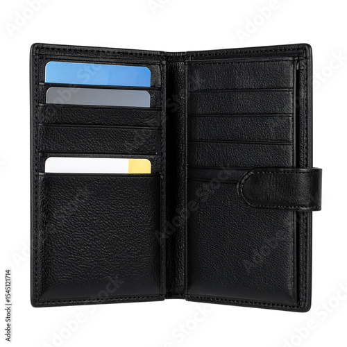 Black Leather Wallet Open with Card Slots and Cash Compartment, Top View, Transparent PNG