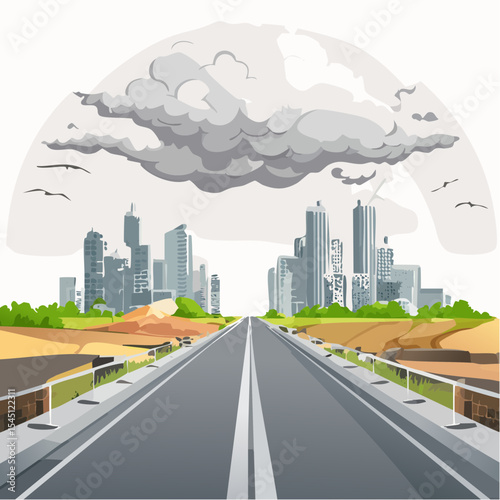long, empty road cuts through a ruined cityscape under a stormy sky