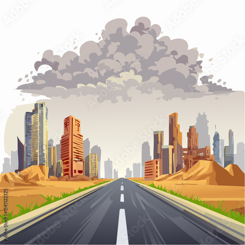 long, empty road cuts through a ruined cityscape under a stormy sky
