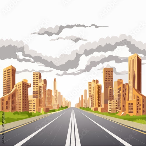 long, empty road cuts through a ruined cityscape under a stormy sky